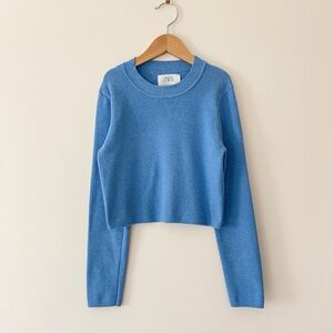 ZARA VGUC Cornflower Blue Cropped Knit Crewneck Sweater